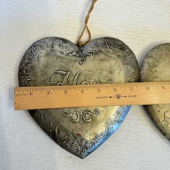 Vintage Set of 2 Stamped Metal Love & Hope Heart Pendants Primitive Décor - Picture 9 of 16